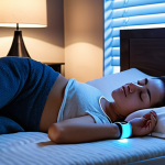 **A cozy bedroom scene at night. A person is sleeping soundly on a smart mattress, the blue light of a wearable sleep tracker glowing softly on their wrist. Smart blinds are fully closed, blocking out any external light. Noise-canceling headphones rest on the nightstand next to a humidifier.**