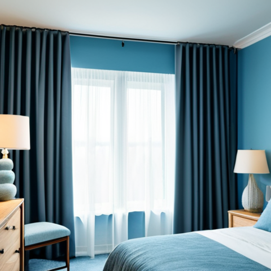 Serene Bedroom Ambiance**
"A calming bedroom interior, featuring soft blue walls, blackout curtains, and a warm bedside lamp casting a gentle glow, fully clothed, modest decor, safe for work, appropriate content, perfect anatomy, natural proportions, professional photography, high quality, family-friendly, focus on tranquility and relaxation."
**