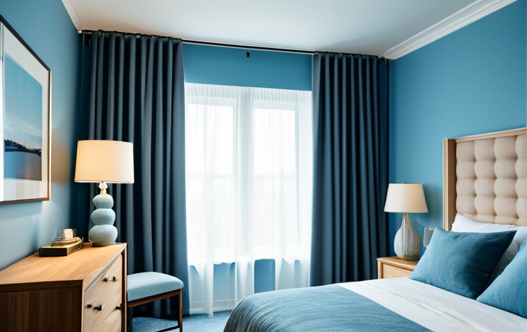 Serene Bedroom Ambiance**
"A calming bedroom interior, featuring soft blue walls, blackout curtains, and a warm bedside lamp casting a gentle glow, fully clothed, modest decor, safe for work, appropriate content, perfect anatomy, natural proportions, professional photography, high quality, family-friendly, focus on tranquility and relaxation."
**