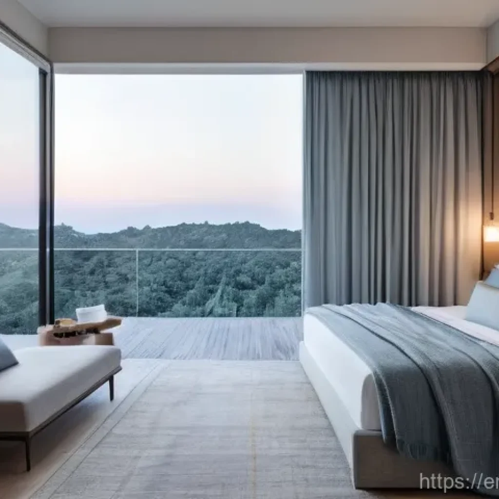 침대 배치에 따른 수면 질 향상 - **"A serene, impeccably organized bedroom at twilight. The bed is positioned in a commanding spot, d...