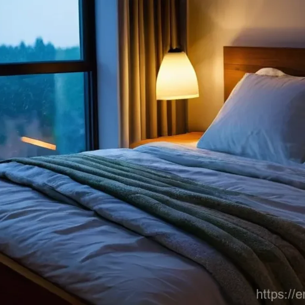 자연적인 소음으로 수면 질 높이기 - **"Cozy Rain Sanctuary"**
    A serene, softly lit bedroom at night. Gentle rain streaks down a larg...