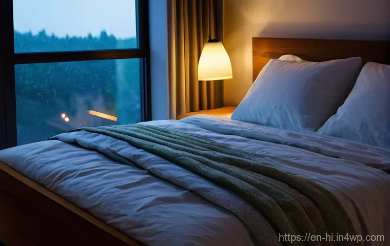 자연적인 소음으로 수면 질 높이기 - **"Cozy Rain Sanctuary"**
A serene, softly lit bedroom at night. Gentle rain streaks down a larg...