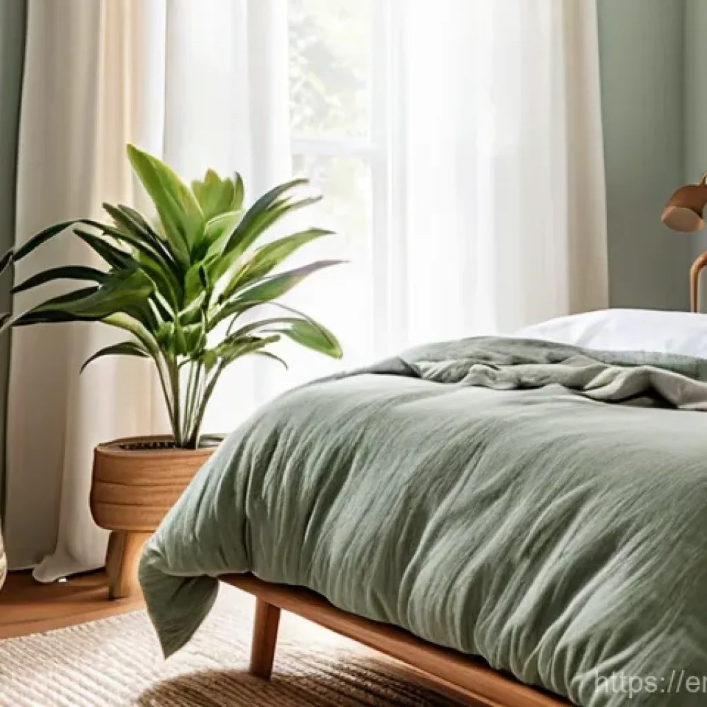 수면 환경과 기분 변화의 관계 - **A tranquil and inviting bedroom sanctuary bathed in soft, natural light.** The walls are painted i...