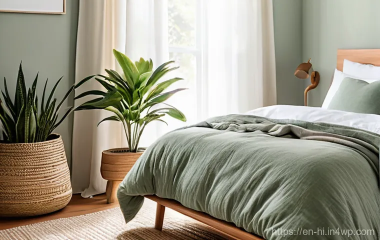 수면 환경과 기분 변화의 관계 - **A tranquil and inviting bedroom sanctuary bathed in soft, natural light.** The walls are painted i...