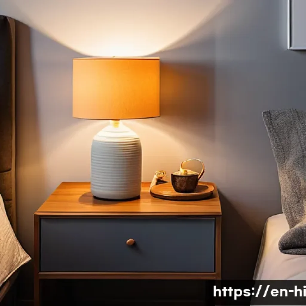 침실에서의 전자기기 사용 축소하기 - A cozy, screen-free bedroom scene at dusk featuring a neatly arranged nightstand with a stack of har...