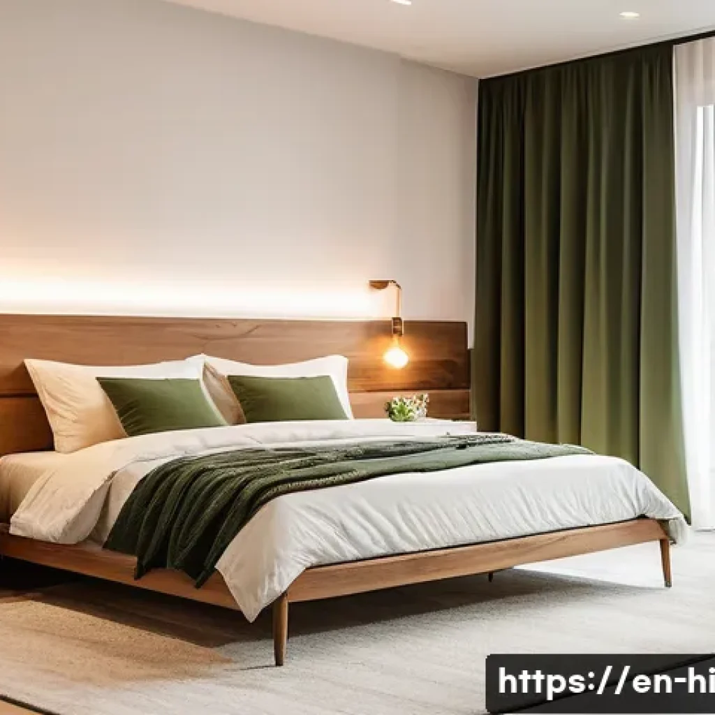 수면 공간 개선을 위한 단계별 가이드 - A cozy modern bedroom interior featuring warm, dimmable LED lighting around 2700K that mimics sunset...
