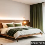 Home 22 수면 공간 개선을 위한 단계별 가이드 - A cozy modern bedroom interior featuring warm, dimmable LED lighting around 2700K that mimics sunset...