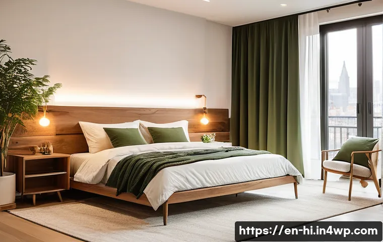 수면 공간 개선을 위한 단계별 가이드 - A cozy modern bedroom interior featuring warm, dimmable LED lighting around 2700K that mimics sunset...