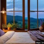 Home 21 수면과 환경의 상관관계 - A cozy, softly lit bedroom interior at twilight featuring warm, dim lamps casting a gentle amber glo...