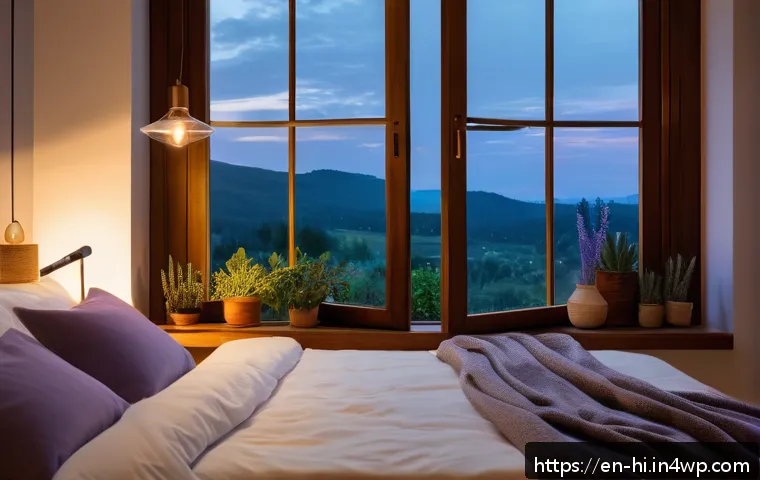 수면과 환경의 상관관계 - A cozy, softly lit bedroom interior at twilight featuring warm, dim lamps casting a gentle amber glo...