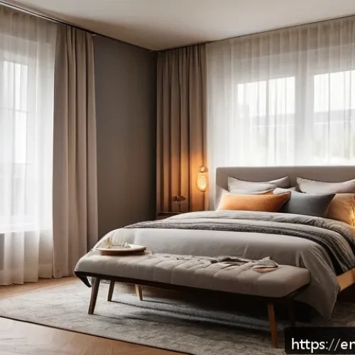 Home 32 수면 환경 최적화를 위한 체크리스트 - A cozy, softly lit bedroom interior featuring warm-toned bulbs casting a gentle sunset glow. The roo...