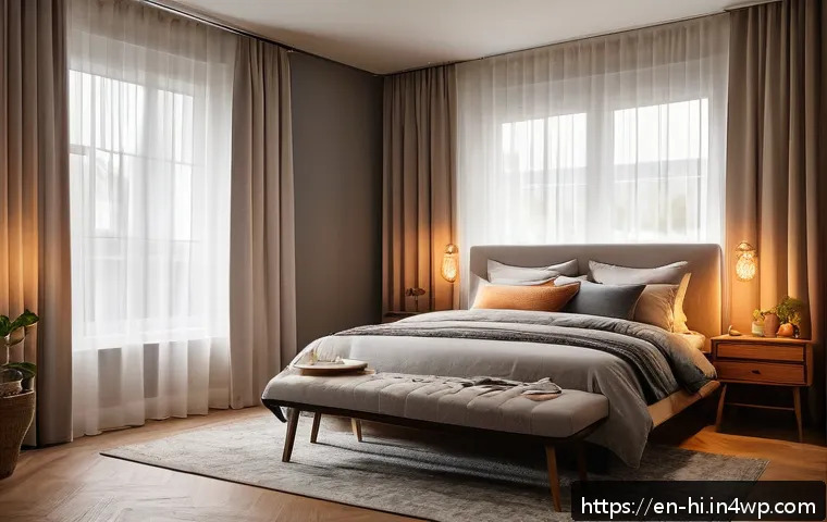 수면 환경 최적화를 위한 체크리스트 - A cozy, softly lit bedroom interior featuring warm-toned bulbs casting a gentle sunset glow. The roo...
