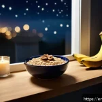 Home 19 자기 전 음식 선택의 중요성 - A cozy nighttime kitchen scene featuring a small wooden table set with a healthy sleep-promoting sna...