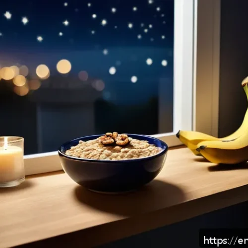 Home 31 자기 전 음식 선택의 중요성 - A cozy nighttime kitchen scene featuring a small wooden table set with a healthy sleep-promoting sna...