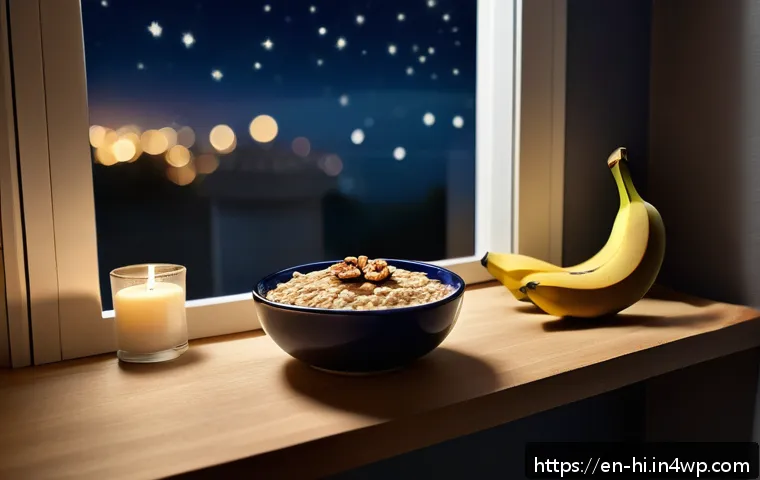 자기 전 음식 선택의 중요성 - A cozy nighttime kitchen scene featuring a small wooden table set with a healthy sleep-promoting sna...