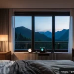 Home 18 수면의 질을 높이는 방안 - A cozy bedroom scene at dusk with a person sitting comfortably on a bed, reading a physical book und...