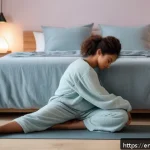 Home 23 자기 전 스트레칭으로 수면 개선하기 - A serene bedroom scene at dusk with soft, dim lighting and pastel-colored walls. A young adult woman...