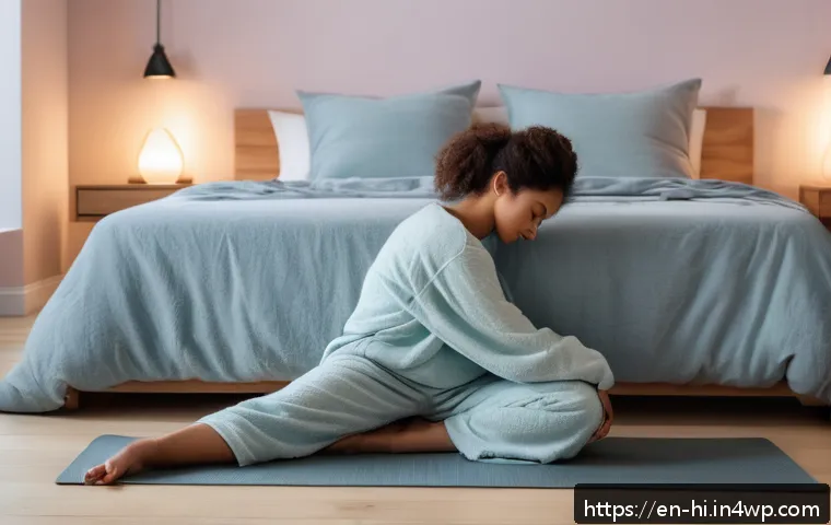 자기 전 스트레칭으로 수면 개선하기 - A serene bedroom scene at dusk with soft, dim lighting and pastel-colored walls. A young adult woman...
