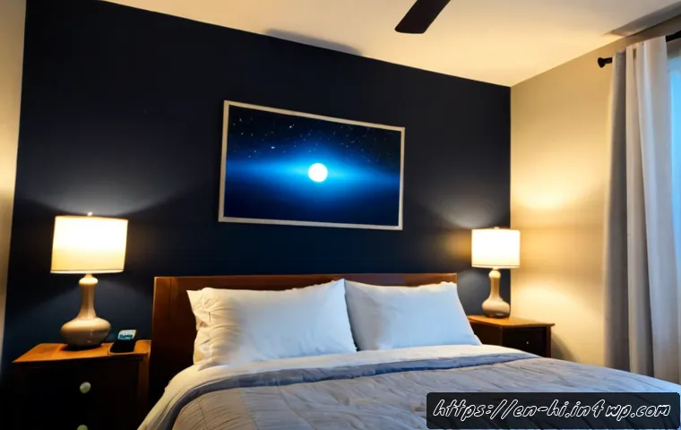 Home 17 침실의 적절한 온도 유지 방법 - Photorealistic comfortable American bedroom at night, neatly made bed with layered cotton bedding, a...