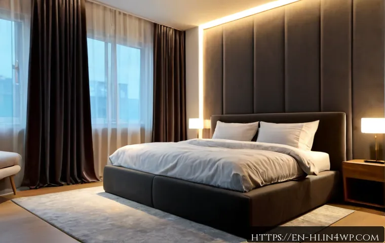 Home 17 수면 환경을 위한 방음 재료 - Photorealistic cozy bedroom prepared for restful sleep, a neatly made bed with soft neutral bedding,...